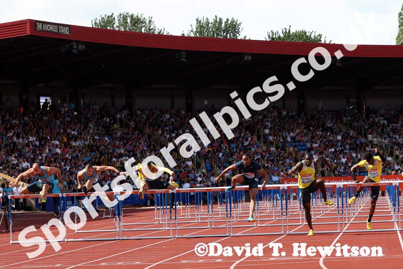 Mens 110 metres, from left to right: Artur Noga, Balezs Baji, Thomas Martinot-Lagarde, Aries Merritt, Ryan Braithwaite and Omoghan Osaghse IAAF Diamond League, Birmingham.